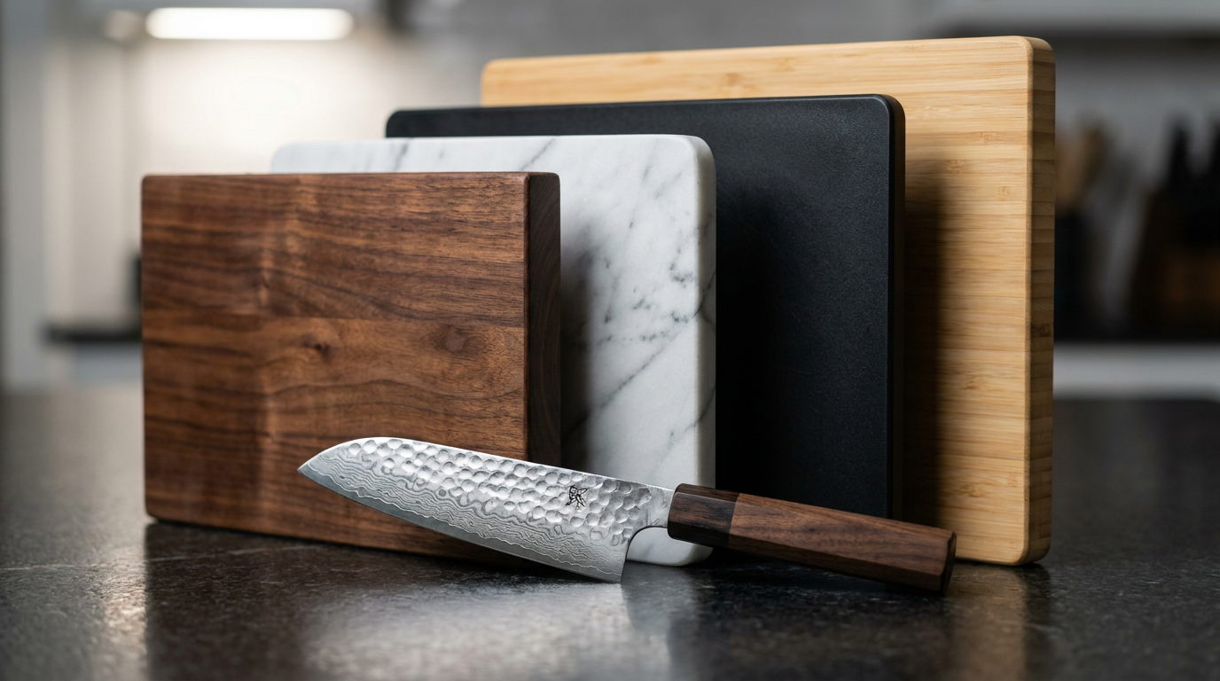 Plusieurs planches à découper en bois, marbre, plastique et bambou alignées verticalement derrière un couteau japonais Santoku en acier damas avec manche octogonal en bois sur un plan de travail de cuisine professionnel.