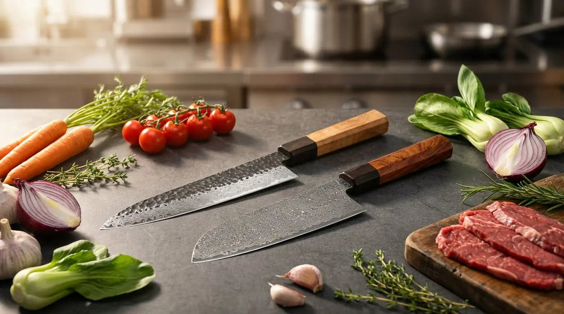 Comparaison entre un couteau Santoku et un couteau Gyuto en acier Damas VG-10 avec manches en bois, posés sur un plan de travail entouré de légumes et de viande.