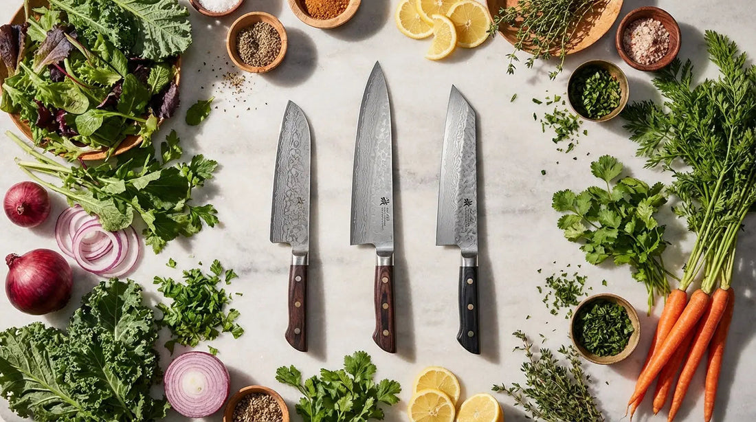 couteau japonais damas à la vertical entouré d'ingrédients de cuisine