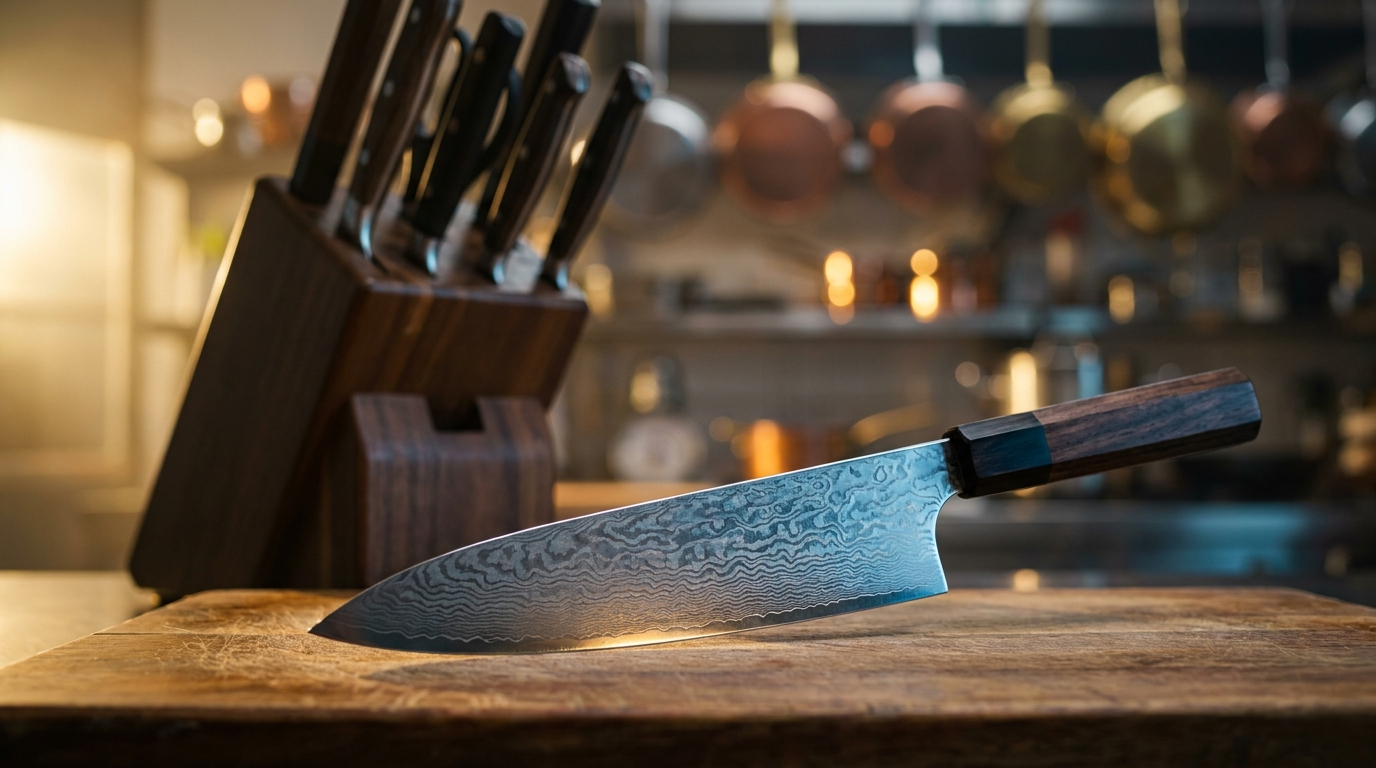 Couteau de chef japonais en acier Damas avec manche en bois octogonal, posé sur une planche en bois devant un bloc de rangement à couteaux, dans une cuisine professionnelle avec poêles en cuivre et laiton suspendues en arrière-plan