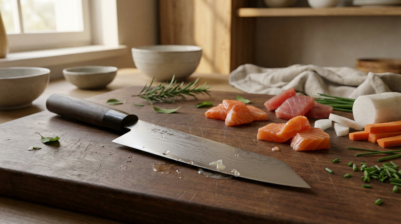 Couteau japonais kiritsuke en acier damas VG10 posé sur planche en bois avec sashimi et légumes frais dans une cuisine naturelle et authentique