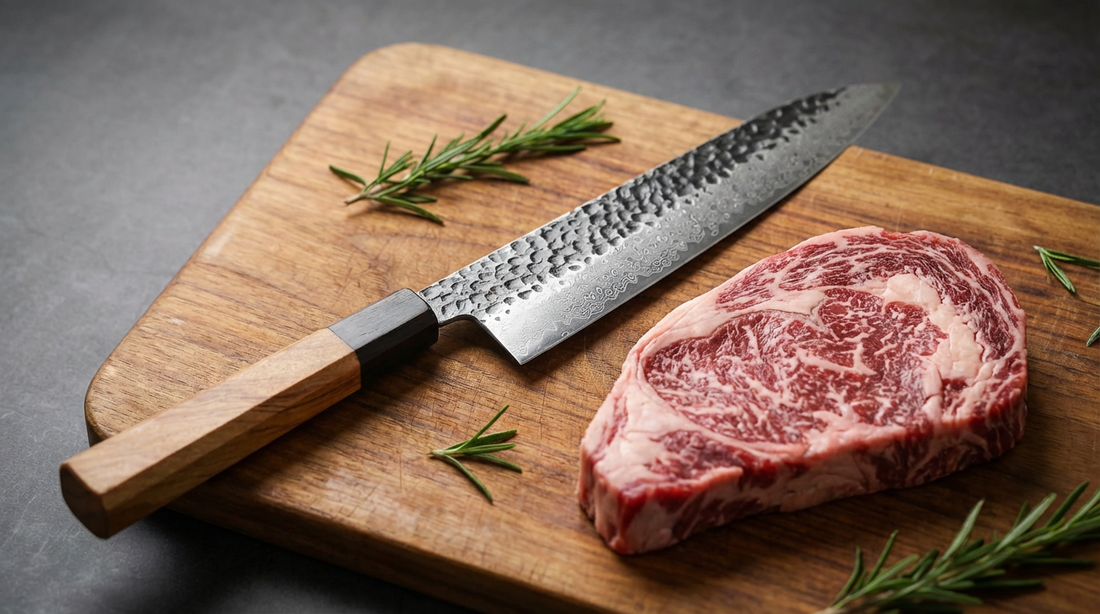 Couteau japonais Santoku en acier damas VG10 sur planche en bois avec entrecôte de bœuf persillée et romarin frais