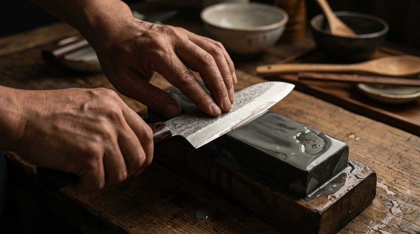 Aiguisage d’un couteau santoku japonais en acier damas sur une pierre à eau avec deux mains en gros plan, ambiance artisanale authentique