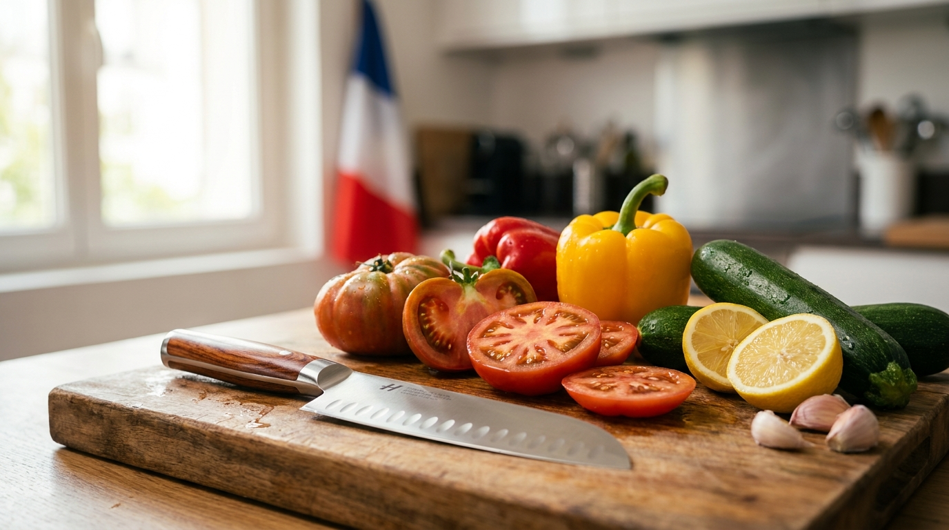 Couteau santoku au manche en bois posé sur une planche à découper, entouré de tomates, poivrons, citrons et courgettes dans une cuisine française