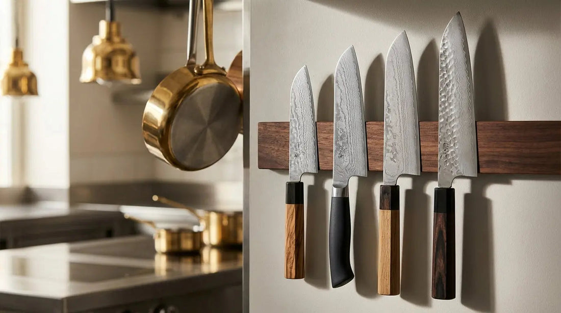 Couteaux japonais Santoku en acier Damas sur barre magnétique murale en bois