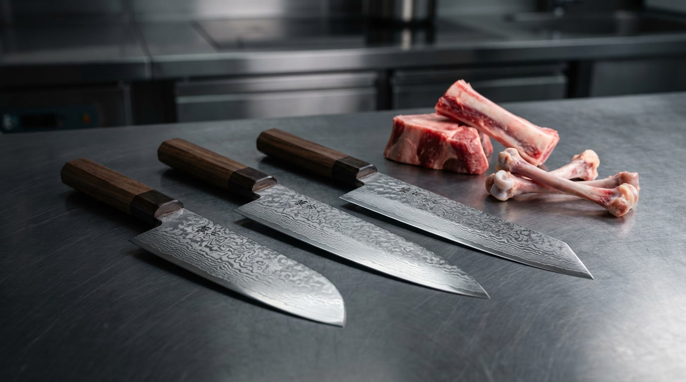 Plusieurs couteaux japonais haut de gamme posés à côté d’os crus sur un plan de travail en cuisine professionnelle, mettant en évidence la précision des lames et leur usage adapté.