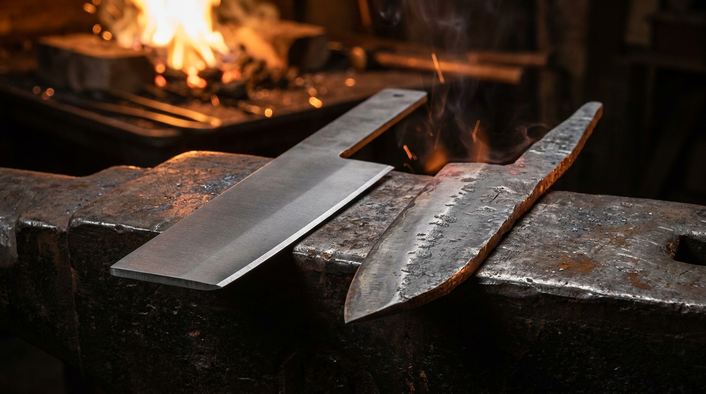 Lame brute de couteau estampé et lame brute de couteau forgé côte à côte sur une enclume dans une forge japonaise traditionnelle