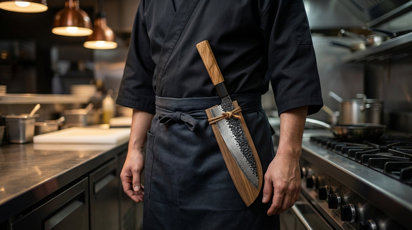 Chef cuisinier portant un couteau japonais Gyuto en acier damas avec manche en bois, attaché à la ceinture dans une cuisine professionnelle.