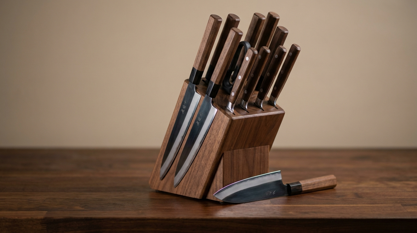 Set de couteaux de cuisine japonais dans un bloc en bois à côté d'un couteau seul posé sur un plan de travail, photo professionnelle en studio