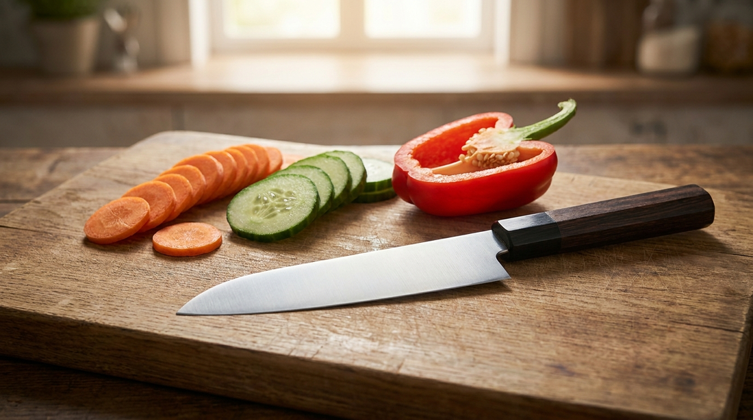Couteau Santoku japonais posé sur une planche en bois avec des légumes fraîchement coupés, photo professionnelle de cuisine