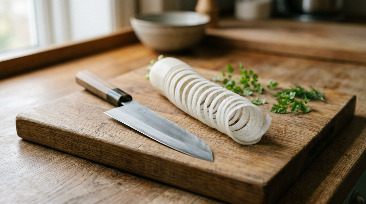 Couteau japonais à légumes à biseau simple avec un long ruban de daikon déroulé en spirale, posé sur une planche en bois de cuisine