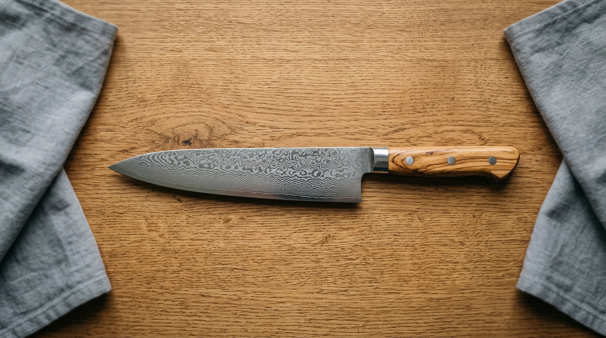 Couteau japonais en acier Damas VG-10 photographié de dessus montrant la symétrie parfaite du biseau double sur un plan de travail en chêne