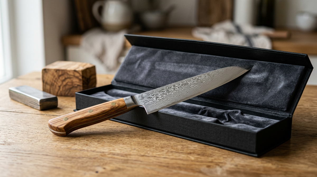 Couteau japonais en acier Damas VG-10 à manche bois d'olivier posé sur un coffret de présentation noir ouvert, avec échantillon d'acier et bois brut à côté