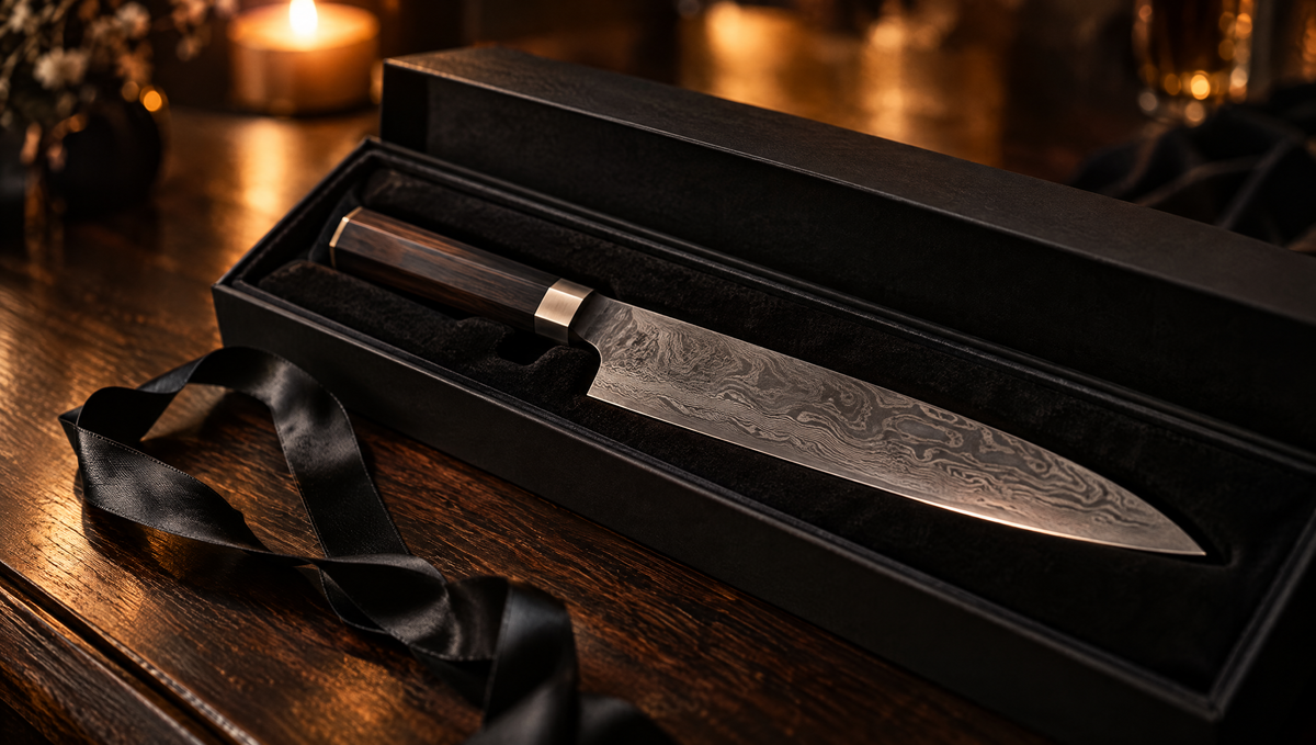 Coffret noir ouvert contenant un couteau gyuto japonais à lame Damas, idée de coffret couteau japonais en cadeau