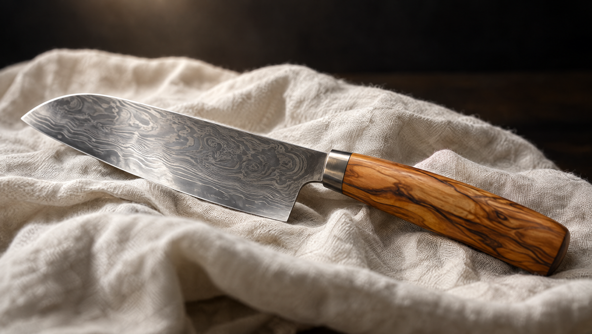 Couteau santoku japonais à lame Damas et manche en olivier posé sur un linge blanc, idéal comme couteau japonais pour débuter