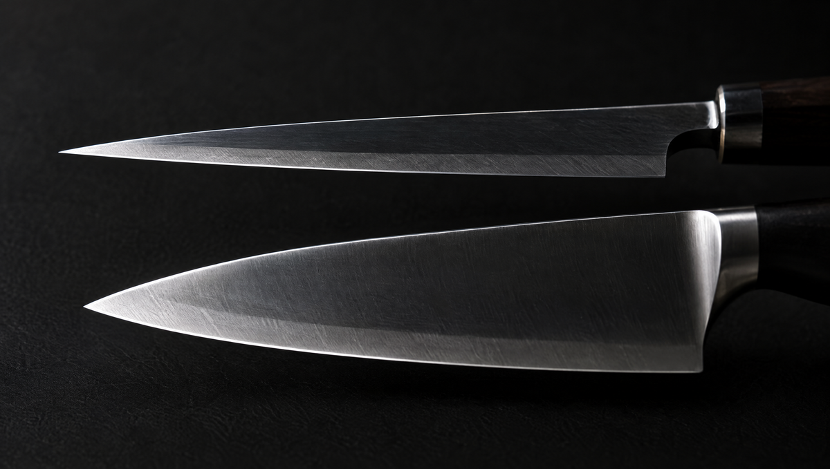 Couteau japonais à lame fine et couteau de chef français plus épais vus de profil, comparaison de la géométrie des lames