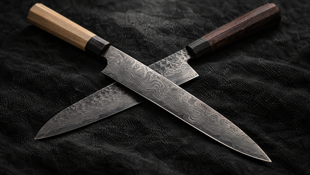 Deux couteaux japonais à lame Damas croisés sur un tissu noir, comparaison entre un couteau Miyabi et un couteau Yoshida