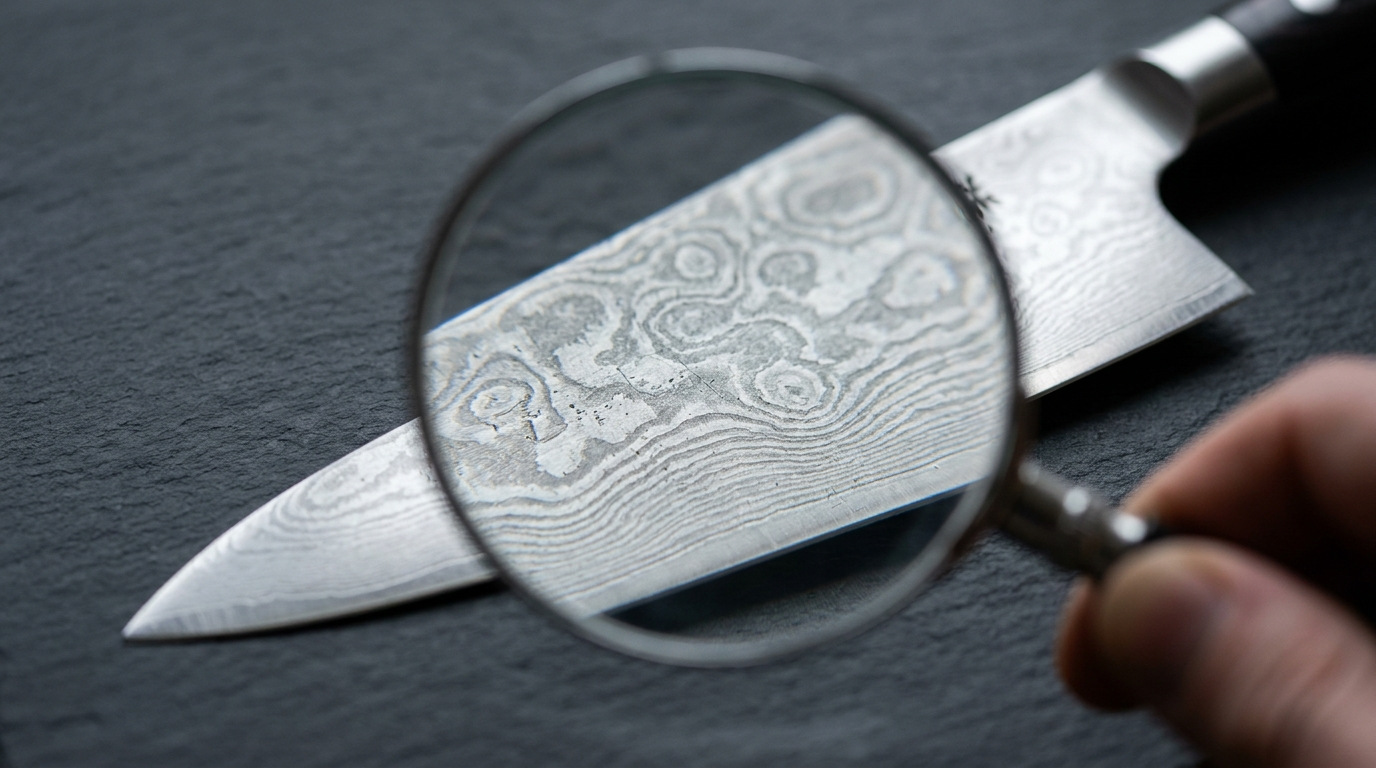 Loupe zoom sur acier damas d’un couteau japonais montrant les motifs naturels de la lame