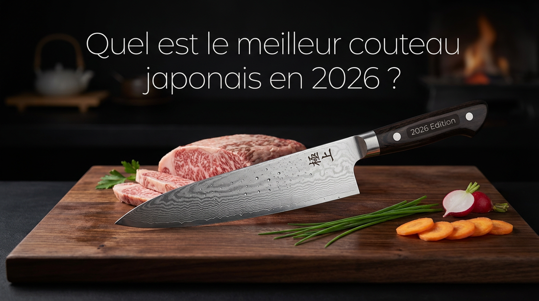 meilleur couteau japonais 2026 gyuto damas vg10 sur planche bois avec viande et légumes premium