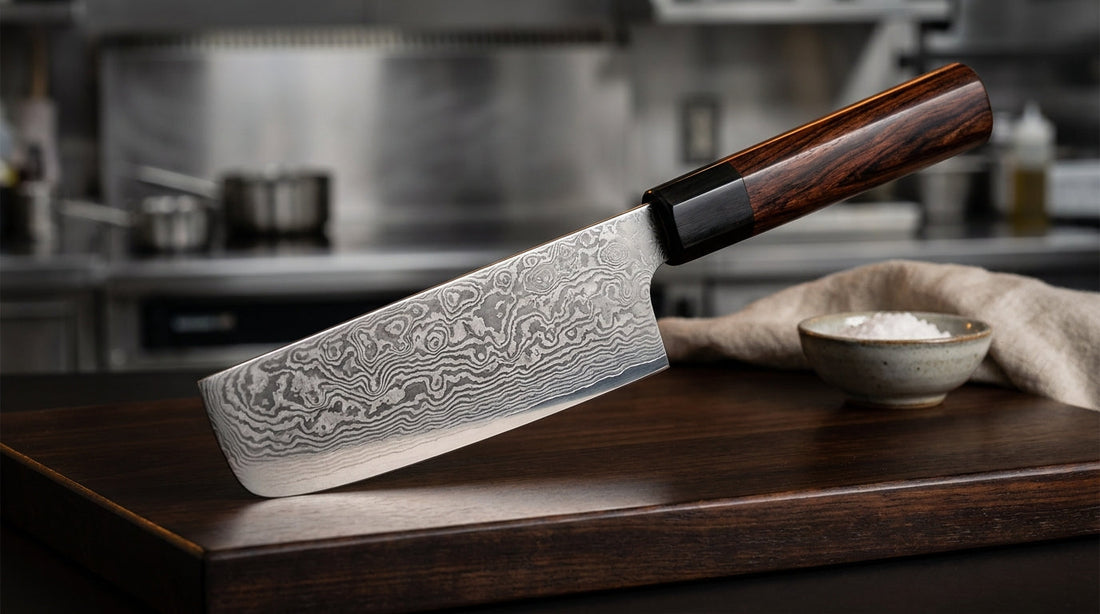 Couteau nakiri en acier Damas avec manche en bois de rose et ferrule noire, posé sur une planche à découper en bois dans une cuisine professionnelle