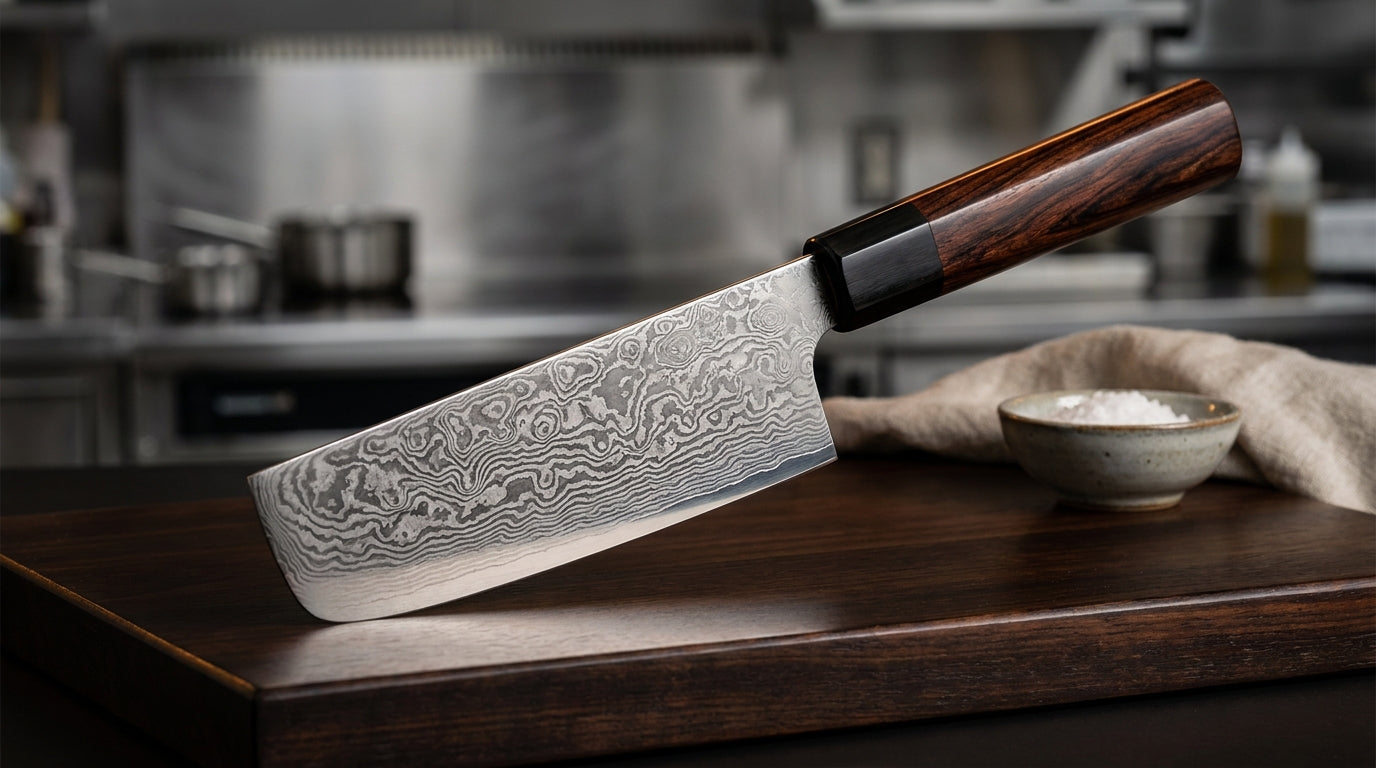 Couteau nakiri en acier Damas avec manche en bois de rose et ferrule noire, posé sur une planche à découper en bois dans une cuisine professionnelle