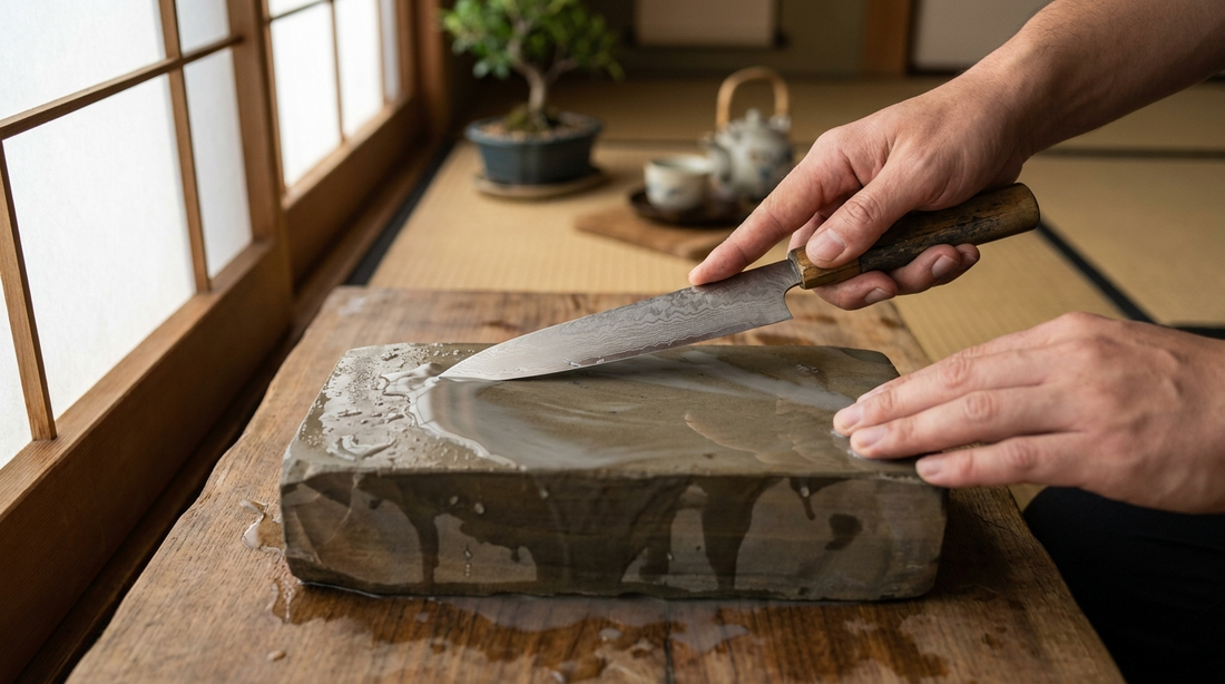 Pierre à aiguiser utilisée pour affûter un couteau japonais traditionnel dans un environnement japonais authentique avec lumière naturelle et ambiance minimaliste