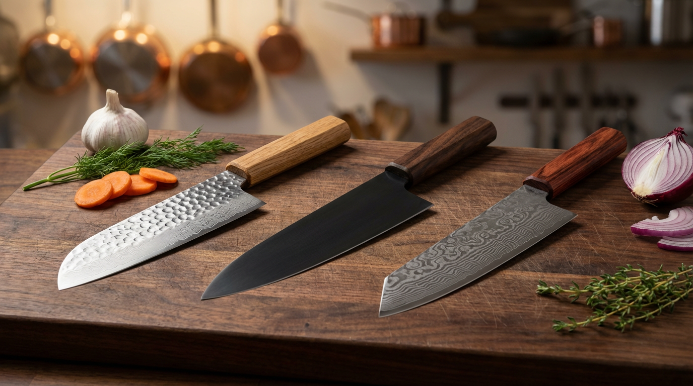 Trois couteaux japonais Santoku, Gyuto et Kiritsuke sur planche en bois, lames en acier damas et carbone noir, manches en bois naturel, cuisine professionnelle floutée en arrière-plan avec casseroles en cuivre
