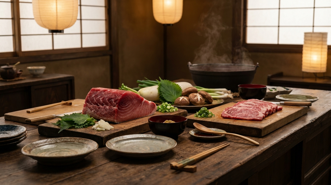 Table en bois japonaise avec thon rouge et bœuf wagyu crus prêts à découper, accompagnés d'herbes, champignons shiitake et ustensiles traditionnels