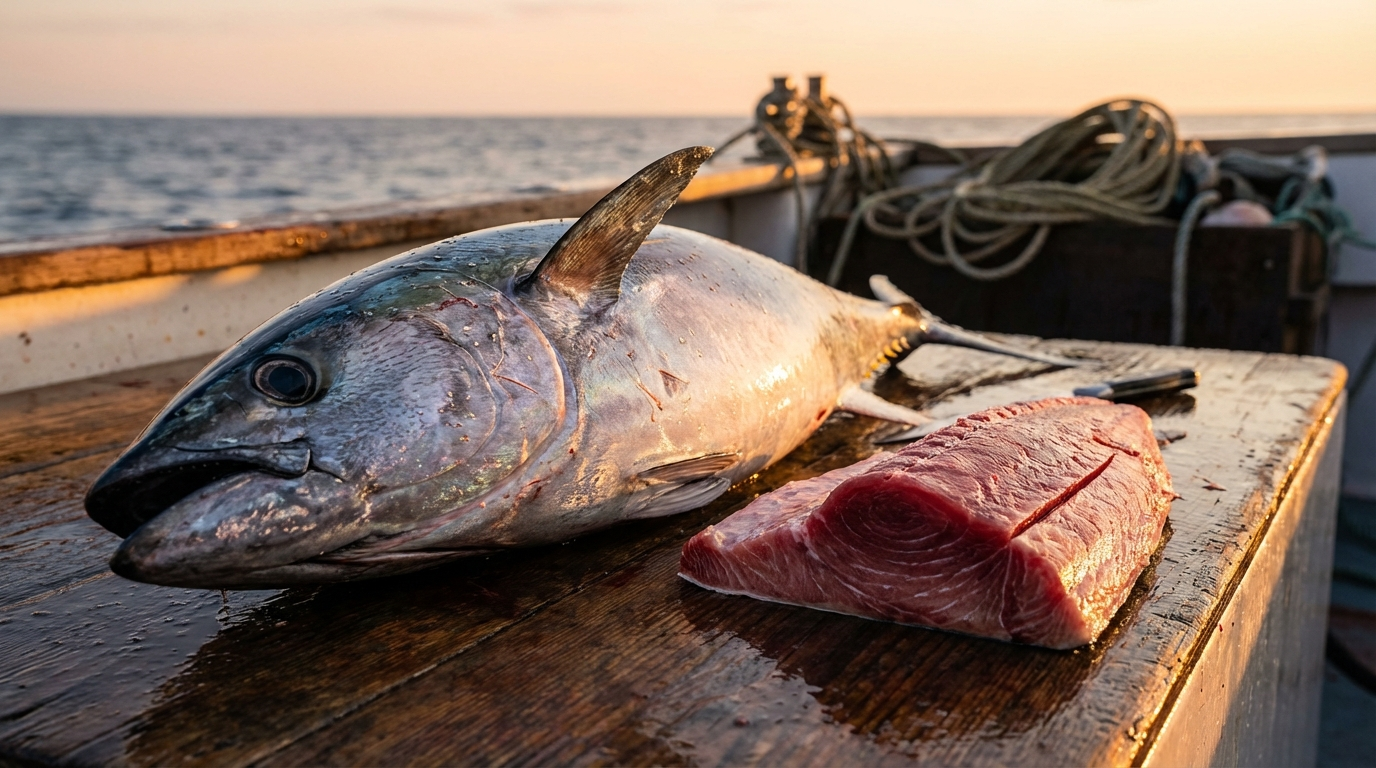Thon rouge sur un bateau avec filet fraîchement découpé, coupe précise mettant en valeur la texture et la qualité du poisson avec un couteau japonais