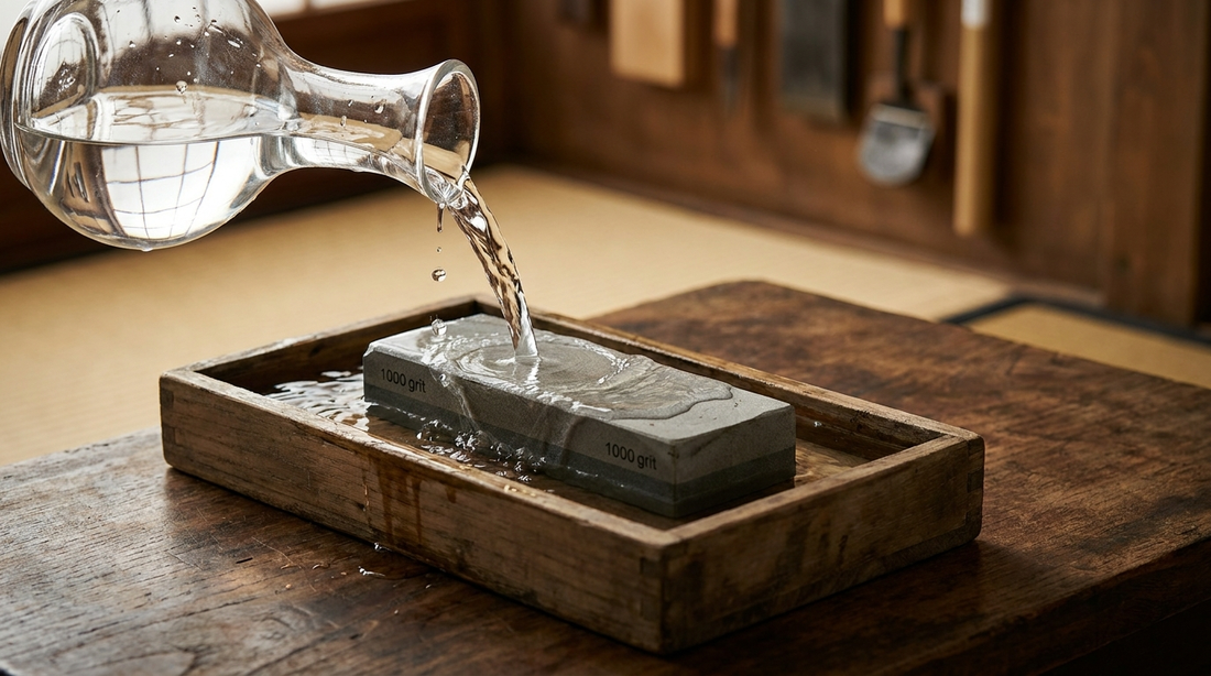 Pierre à aiguiser whetstone 1000 grit en train de tremper dans l'eau versée d'un verre, reposant dans un plateau en bois traditionnel japonais, atelier d'affûtage authentique avec lumière naturelle.