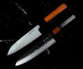 Set Yoshida : Santoku 17 cm à manche en bois de rose et Gyuto 20 cm à manche pakkawood, côte à côte