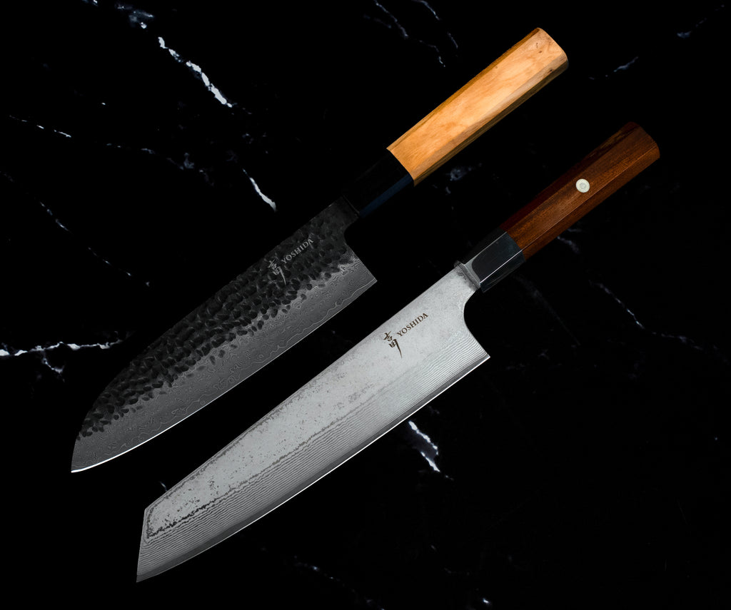 Set Yoshida : Santoku 18 cm Damas VG-10 à manche en olivier et Kiritsuke 21 cm AUS-10 à manche en bois de rose