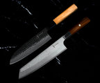 Set Yoshida : Santoku 18 cm Damas VG-10 à manche en olivier et Kiritsuke 21 cm AUS-10 à manche en bois de rose