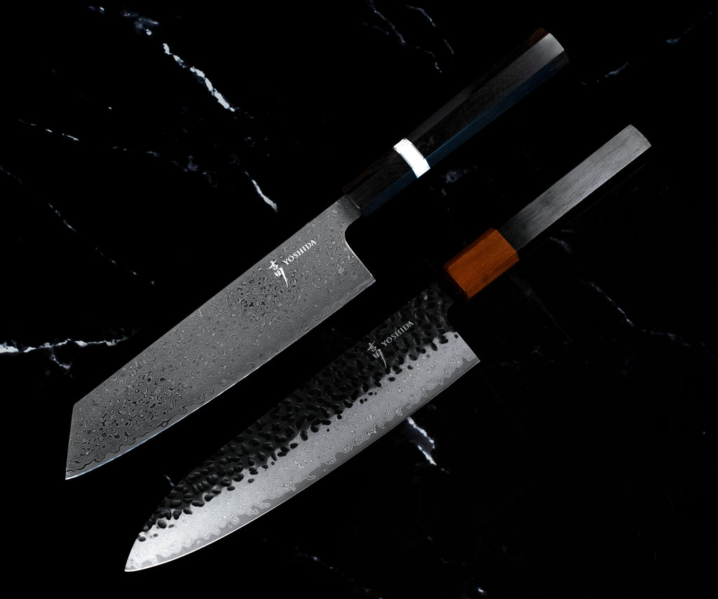 Set Yoshida : Kiritsuke 18 cm Damas AUS-10 et Gyuto 20 cm Damas VG-10 à manche pakkawood, côte à côte