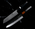 Set Yoshida : Kiritsuke 18 cm Damas AUS-10 et Gyuto 20 cm Damas VG-10 à manche pakkawood, côte à côte