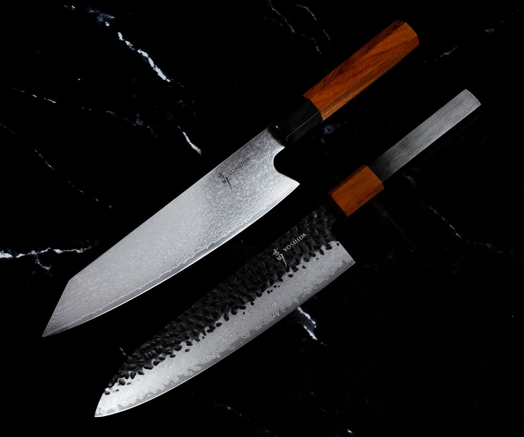 Set Yoshida : Kiritsuke 20 cm à manche en bois de rose et Gyuto 20 cm à manche pakkawood, en Damas VG-10