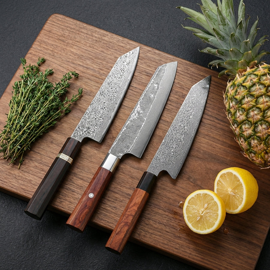 Couteau kiritsuke japonais Yoshida en situation de découpe sur planche en bois