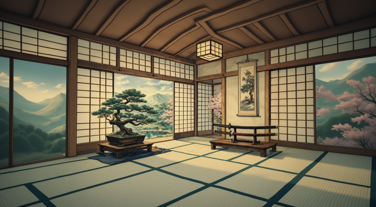Salle traditionnelle japonaise avec bonzai et katana