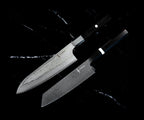 Set Yoshida : Santoku 18 cm et Kiritsuke 18 cm en Damas AUS-10, les deux couteaux côte à côte