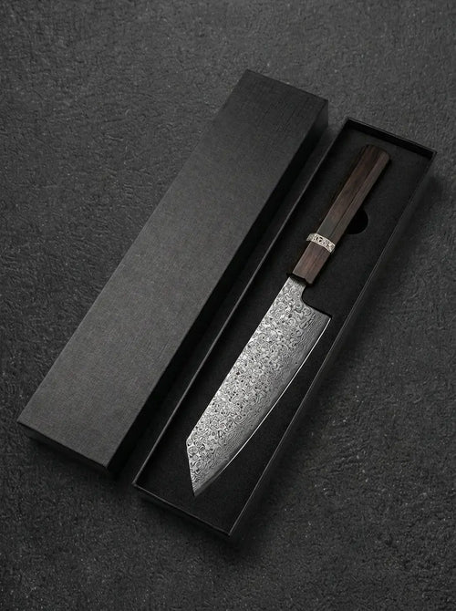 Couteau Kiritsuke 18 cm en acier Damas AUS-10 avec manche en bois, présenté dans son coffret noir premium