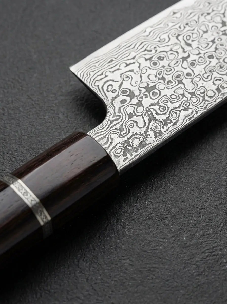 Détail de la jonction manche et lame du couteau Kiritsuke 18 cm en acier Damas AUS-10 avec manche en bois