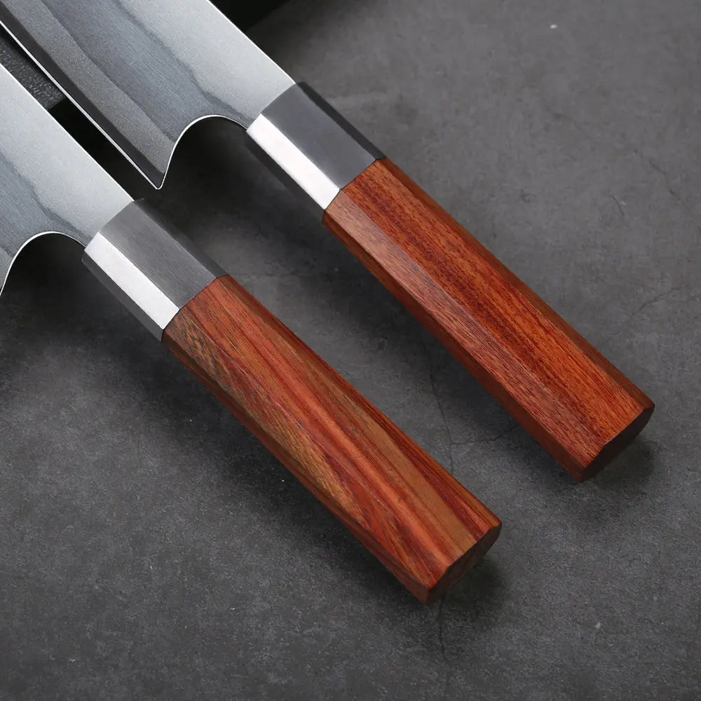 Détail du manche octogonal en bois de rose du couteau Kiritsuke japonais 20 cm en acier 440C