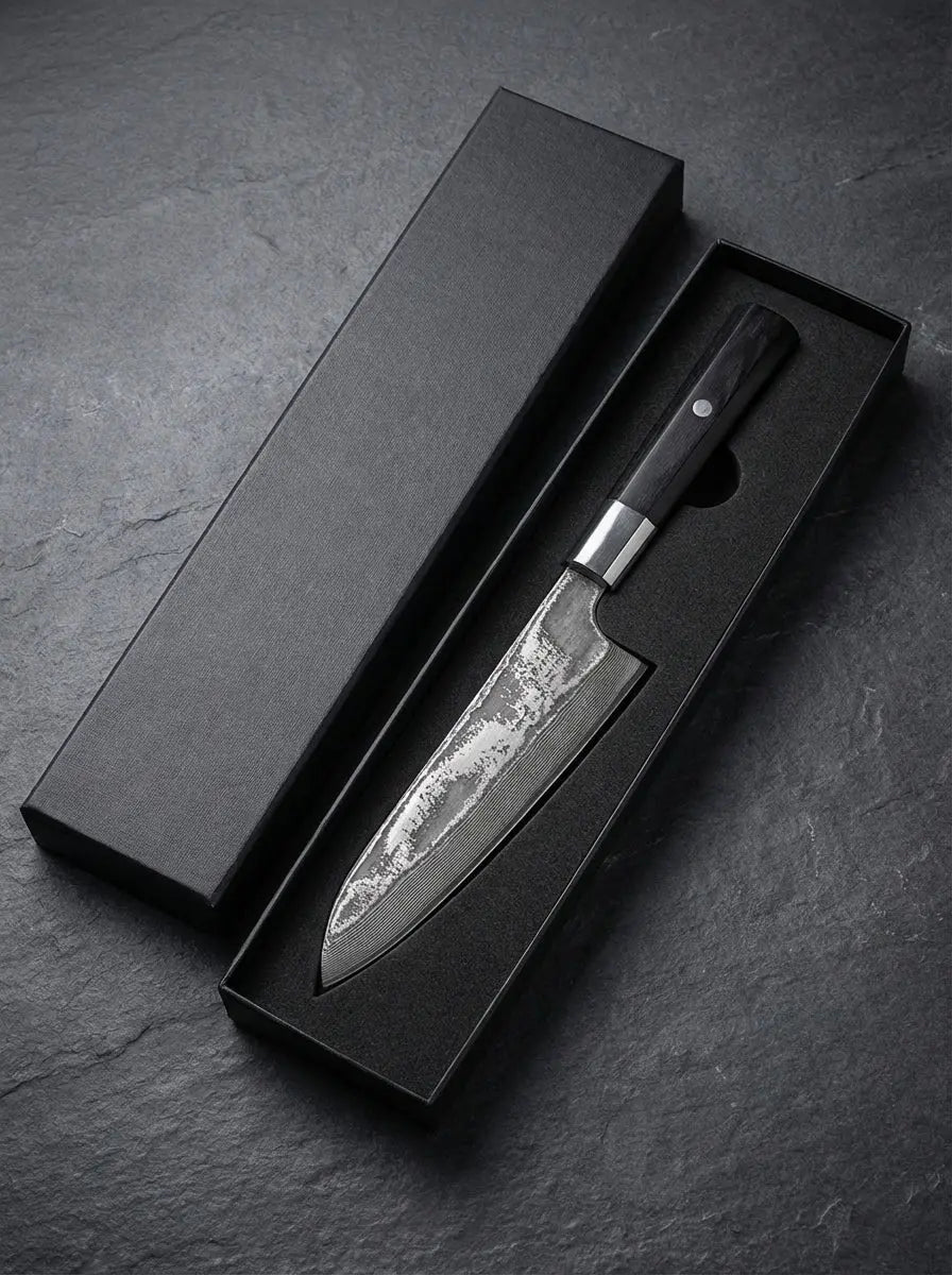 Couteau Santoku 18 cm en acier Damas AUS-10 avec manche en bois noir présenté dans son coffret noir premium