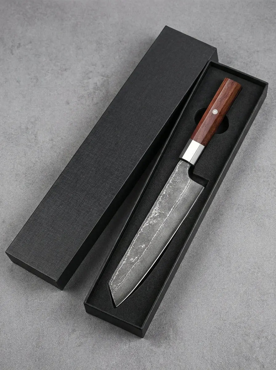 Couteau Kiritsuke 21 cm en acier AUS-10 avec manche en bois de rose présenté dans son coffret noir