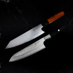 Set Yoshida : Santoku 18 cm Damas AUS-10 à manche noir et Kiritsuke 20 cm Damas VG-10, côte à côte